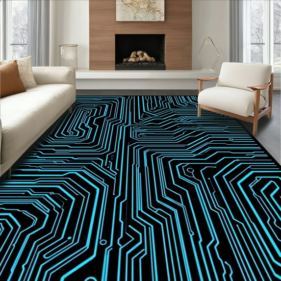 ODIKA 4' x 6' Machine Washable Non-Slip Area Rug, Cyberpunk Line High Traffic Rug, Blue, 427462
