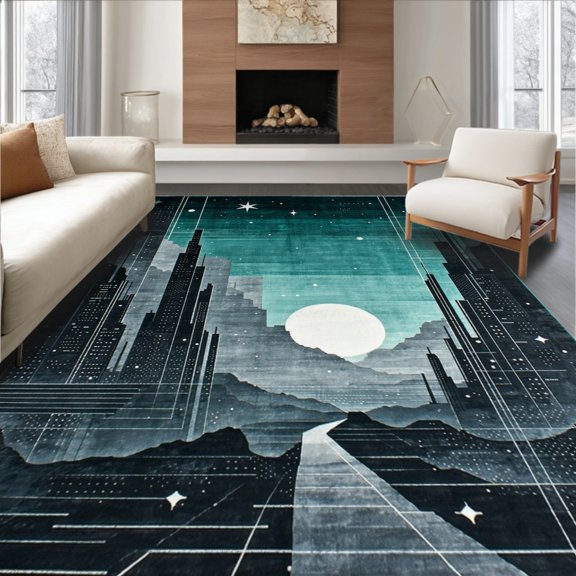 ODIKA 4'x6' Machine Washable Non-Slip Area Rug, Slate Itch Pageantry Futuristic City Spectacle High Traffic Rug, Teal, 198610