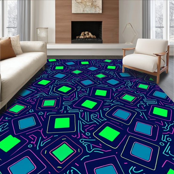 ODIKA 4'x6' Machine Washable Non-Slip Area Rug, Digital Playground Cubes Flooring With Vibrant Pixel Art Decoration High Traffic Rug, Green, 446889