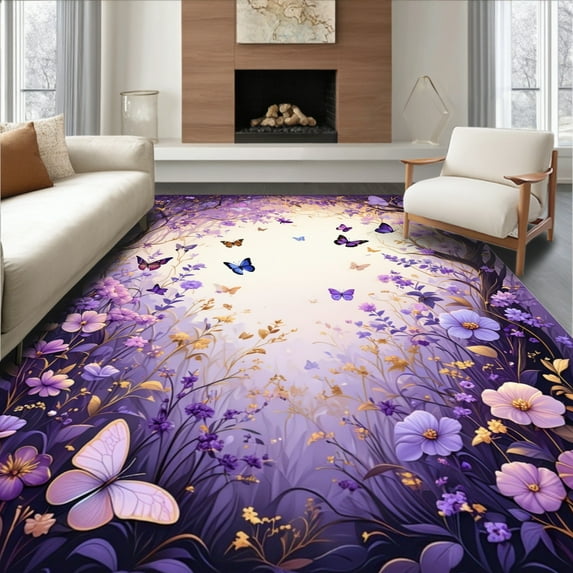 ODIKA 4'x6' Machine Washable Non-Slip Area Rug, Enchanted Garden Floor Decorative Bathroom High Traffic Rug, Purple, 60257