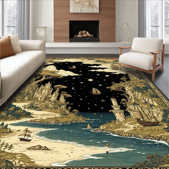 ODIKA 4'x6' Machine Washable Non-Slip Area Rug, Adventure Map with Medieval Inspired Borders and Fantasy Detailing High Traffic Rug, Black, 66596