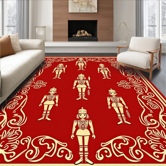 ODIKA 4' x 6' Machine Washable Non-Slip Area Rug, Festive Nutcracker High Traffic Rug, Red, 754625