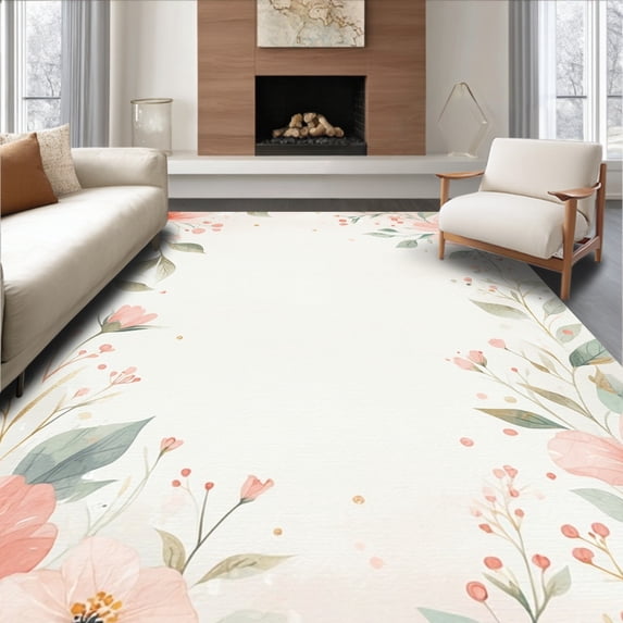 ODIKA 4' x 6' Machine Washable Non-Slip Area Rug, Floral Flower High Traffic Rug, Coral, 216408