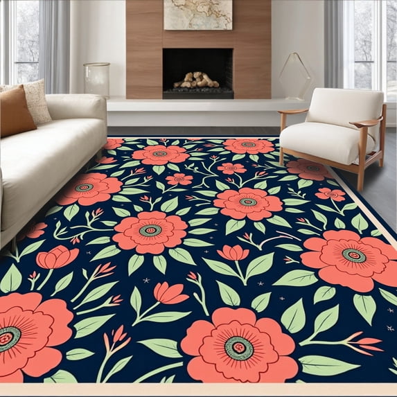 ODIKA 4' x 6' Machine Washable Non-Slip Area Rug, Floral Flower High Traffic Rug, Navy, 464576
