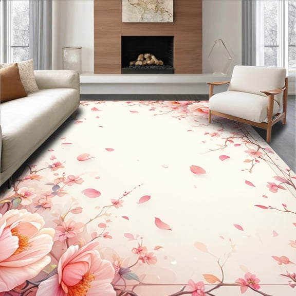 ODIKA 4' x 6' Machine Washable Non-Slip Area Rug, Floral Flower High Traffic Rug, Peach, 202124