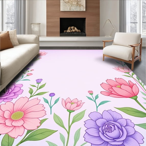 ODIKA 4' x 6' Machine Washable Non-Slip Area Rug, Floral Flower High Traffic Rug, Pink, 494182