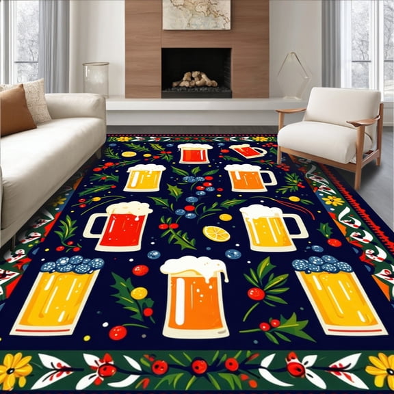 ODIKA 4'x6' Machine Washable Non-Slip Area Rug, Beer Greeting Featuring Colorful Hand Lettered Spanish Phrase High Traffic Rug, Black, 101148