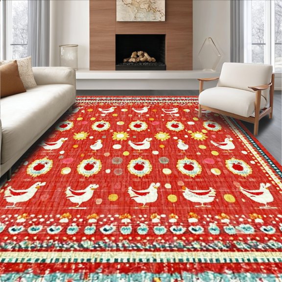 ODIKA 4'x6' Machine Washable Non-Slip Area Rug, Barnyard Banter Entry What The Cluck Fun Farmhouse Design High Traffic Rug, Red, 120881