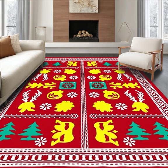 ODIKA 4' x 6' Machine Washable Non-Slip Area Rug, Folk Art Fir-Tree High Traffic Rug, Red, 747902