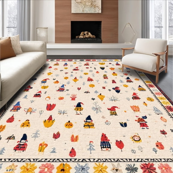 ODIKA 4'x6' Machine Washable Non-Slip Area Rug, Festive Seasonal with Gnome Greetings and Holiday Symbols High Traffic Rug, Beige, 118665