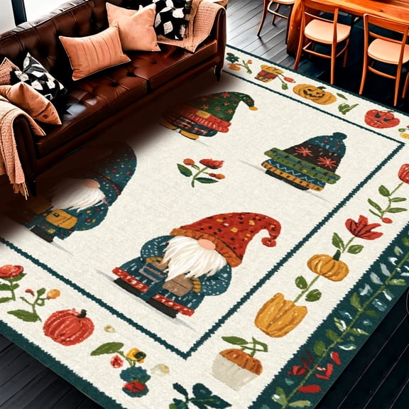 ODIKA 4'x6' Machine Washable Non-Slip Area Rug, Charming Season Gnome Welcome with Holiday Theme Designs High Traffic Rug, Ivory, 118652