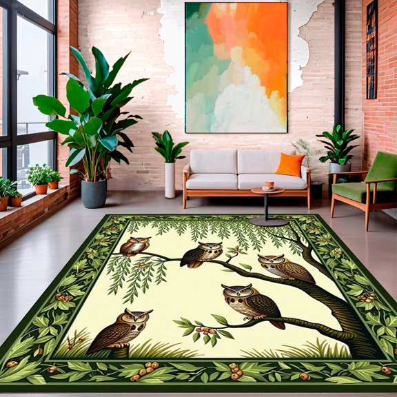 ODIKA 4'x6' Machine Washable Non-Slip Area Rug, Serene Avian & Branch Motif Accent Floor Art High Traffic Rug, Green, 137302