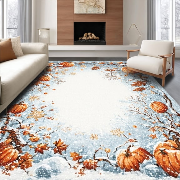 ODIKA 4'x6' Machine Washable Non-Slip Area Rug, Interchangeable Holiday Gnome with Autumn Leaves and Snowflakes High Traffic Rug, Blue, 118662