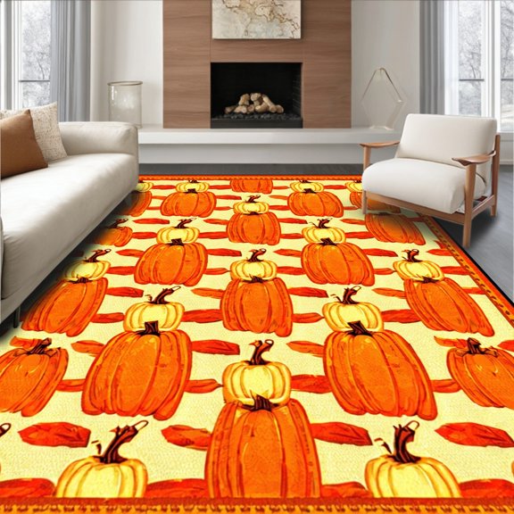 ODIKA 4'x6' Machine Washable Non-Slip Area Rug, Festive Pumpkin Welcome with Intricate Fall Design High Traffic Rug, Orange, 102280