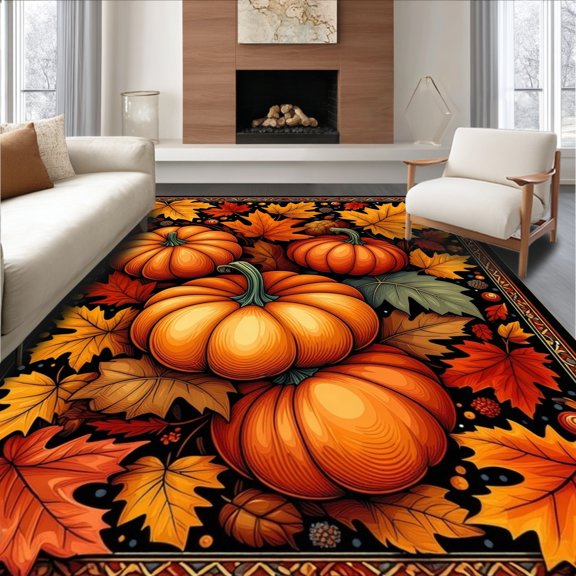 ODIKA 4'x6' Machine Washable Non-Slip Area Rug, Festive Harvest Inspired with Autumnal Motifs and Warm Hues High Traffic Rug, Orange, 170977