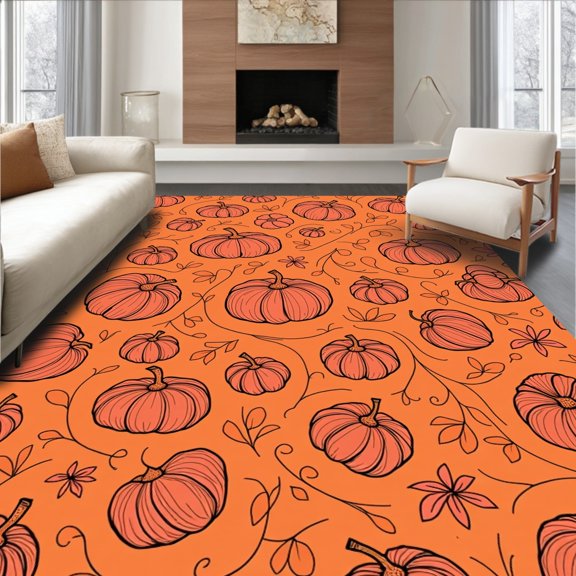 ODIKA 4' x 6' Machine Washable Non-Slip Area Rug, Folk Art Pumpkin High Traffic Rug, Orange, 512349