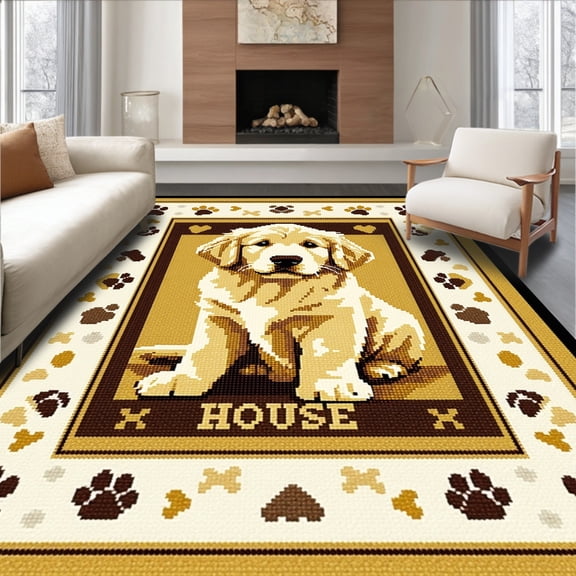 ODIKA 4'x6' Machine Washable Non-Slip Area Rug, Golden Retriever Rules Welcome Doorway Paw Print Entryway High Traffic Rug, Gold, 101846