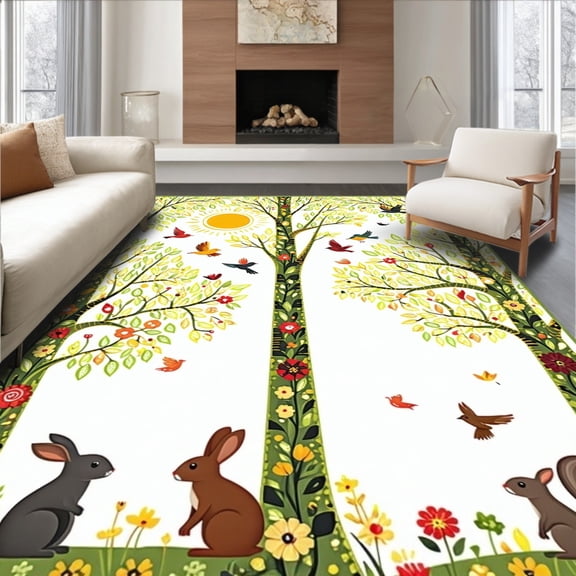 ODIKA 4'x6' Machine Washable Non-Slip Area Rug, Sunny Garden Adventure With Trees and Critters High Traffic Rug, Green, 282255