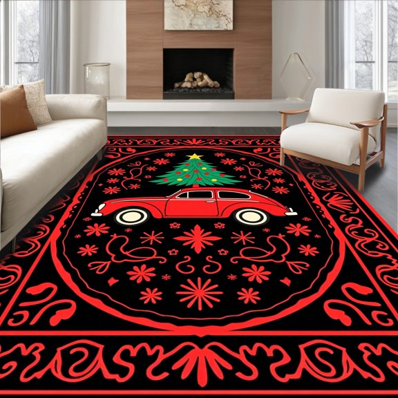 ODIKA 4' x 6' Machine Washable Non-Slip Area Rug, Folk car High Traffic Rug, Black, 654098