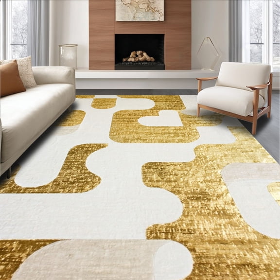 ODIKA 4' x 6' Machine Washable Non-Slip Area Rug, Geometric Blob High Traffic Rug, White, 116871