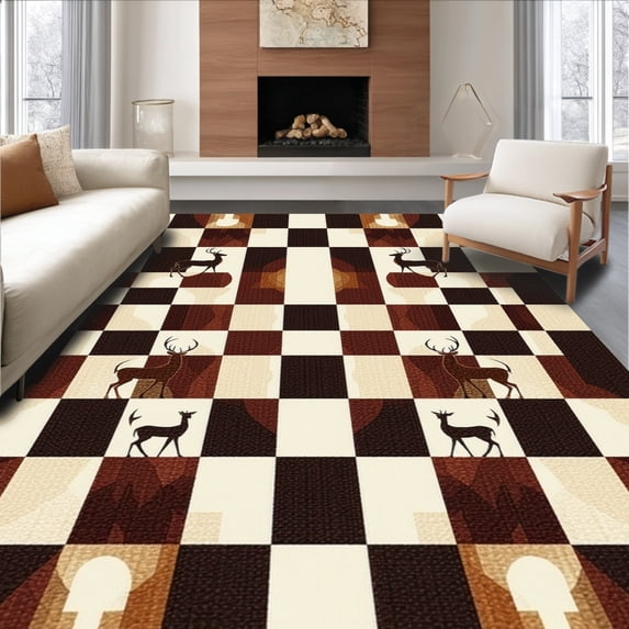 ODIKA 4' x 6' Machine Washable Non-Slip Area Rug, Geometric Checkerboard High Traffic Rug, Brown, 191562