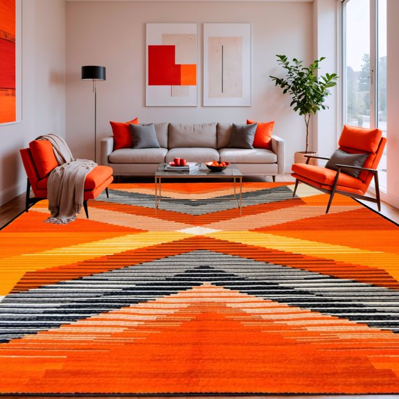 ODIKA 4'x6' Machine Washable Non-Slip Area Rug, Modern Abstract with Bold Angular Lines and Dynamic Shapes High Traffic Rug, Orange, 148827