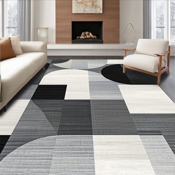ODIKA 4'x6' Machine Washable Non-Slip Area Rug, Stylish Grey with Minimalist Geometric Shapes High Traffic Rug, Black, 104314
