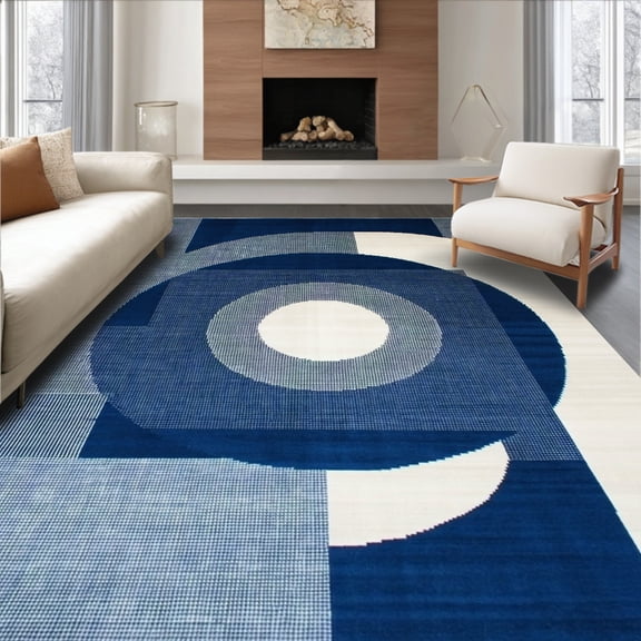ODIKA 4'x6' Machine Washable Non-Slip Area Rug, Modern Circular High Traffic Rug, Blue, 262521