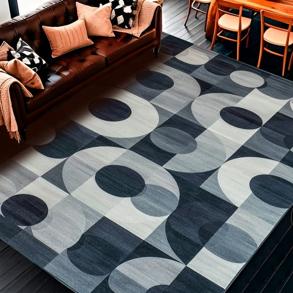 ODIKA 4'x6' Machine Washable Non-Slip Area Rug, Large Overlapping Circles Modern Abstract Artistry High Traffic Rug, Gray, 170251