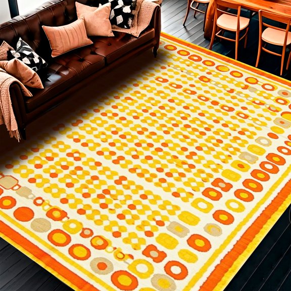 ODIKA 4'x6' Machine Washable Non-Slip Area Rug, Playful Cartoonish Round Shapes Bathroom Non Slip High Traffic Rug, Orange, 146374