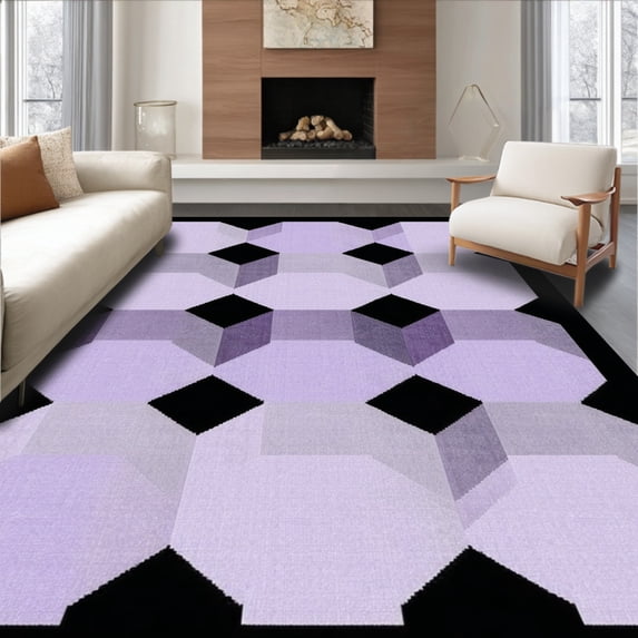 ODIKA 4' x 6' Machine Washable Non-Slip Area Rug, Geometric Cube High Traffic Rug, Purple, 269778
