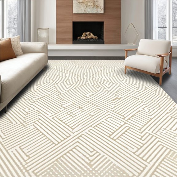 ODIKA 4' x 6' Machine Washable Non-Slip Area Rug, Geometric Diamond High Traffic Rug, Beige, 205399