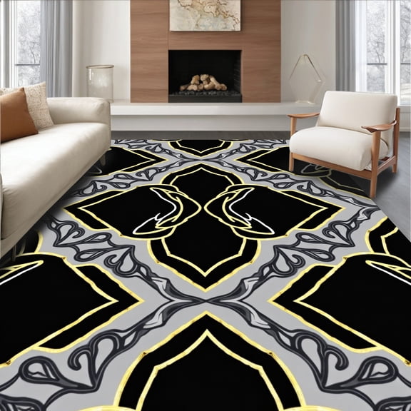 ODIKA 4'x6' Machine Washable Non-Slip Area Rug, Abstract Marble Veins With Metallic Gold Highlights Interlocking High Traffic Rug, Black, 424526