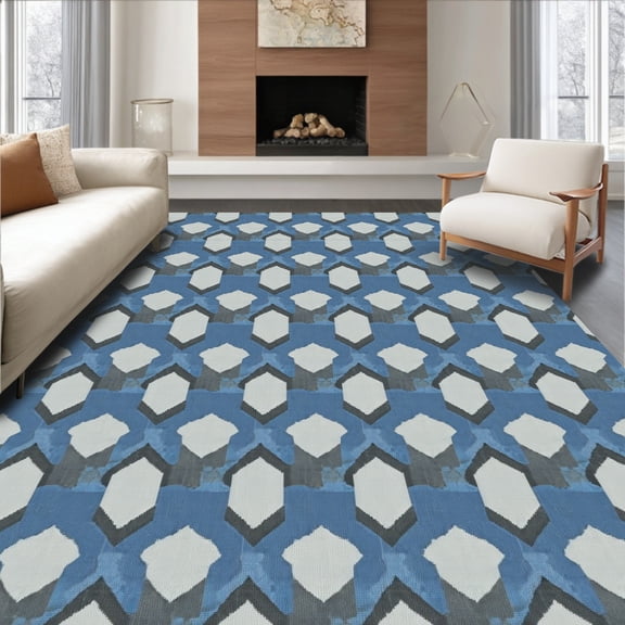 ODIKA 4'x6' Machine Washable Non-Slip Area Rug, Nordic Prism Interlocking Strata High Traffic Rug, Blue, 424763