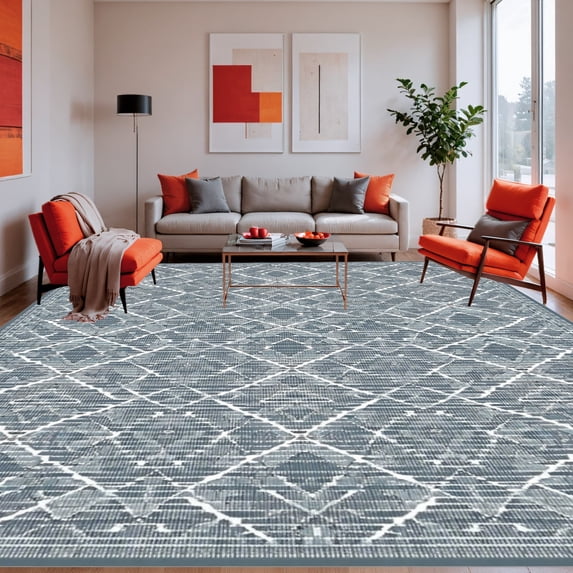 ODIKA 4'x6' Machine Washable Non-Slip Area Rug, Lattice Motif Contemporary High Traffic Rug, Gray, 232689
