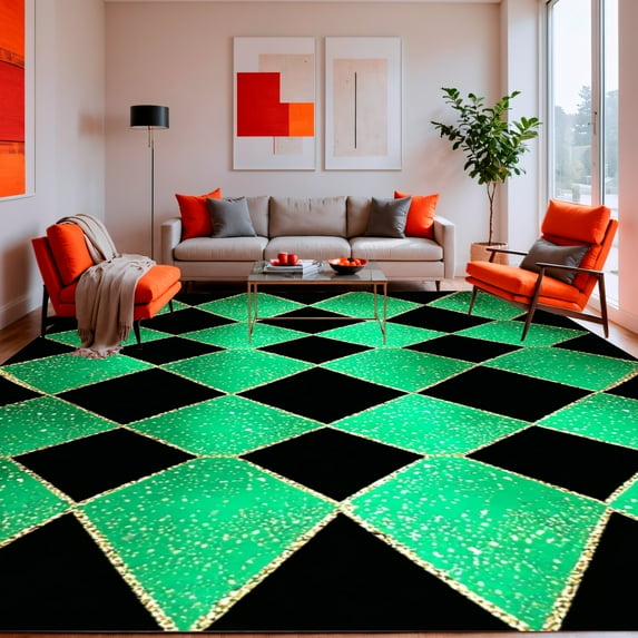 ODIKA 4'x6' Machine Washable Non-Slip Area Rug, Geometric Abstract Modern Art Floor High Traffic Rug, Green, 147088