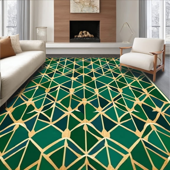 ODIKA 4'x6' Machine Washable Non-Slip Area Rug, Minimalist Trellis Featuring Interlocking Shapes High Traffic Rug, Green, 252690