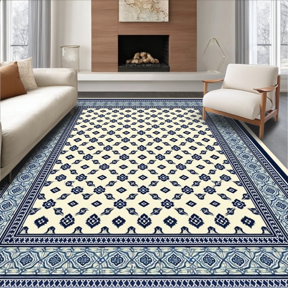 ODIKA 4'x6' Machine Washable Non-Slip Area Rug, Nautical Elegance Trellis with Geometric Navy Beige High Traffic Rug, Ivory, 54281