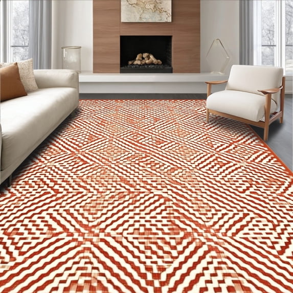 ODIKA 4'x6' Machine Washable Non-Slip Area Rug, Classic Lattice Design with Repeating Interwoven Hexagonal Shapes High Traffic Rug, Orange, 245266