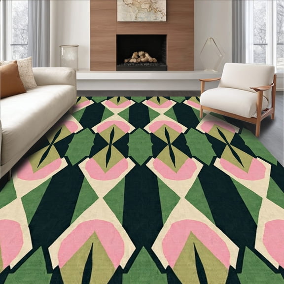 ODIKA 4' x 6' Machine Washable Non-Slip Area Rug, Geometric Diamond High Traffic Rug, Pink, 343409