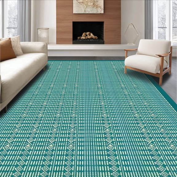 ODIKA 4'x6' Machine Washable Non-Slip Area Rug, Geometric Contemporary Entryway Accent High Traffic Rug, Teal, 148855