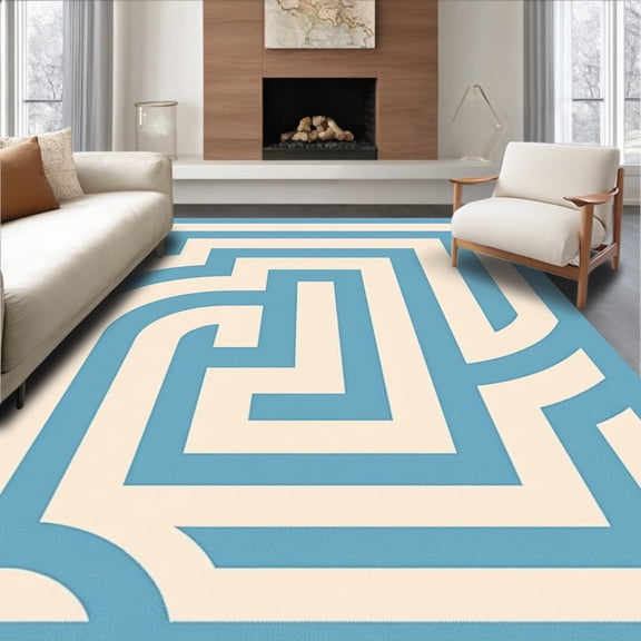 ODIKA 4'x6' Machine Washable Non-Slip Area Rug, Minimalist Interlocking Labyrinth with Nordic Inspired Motif High Traffic Rug, Blue, 424748
