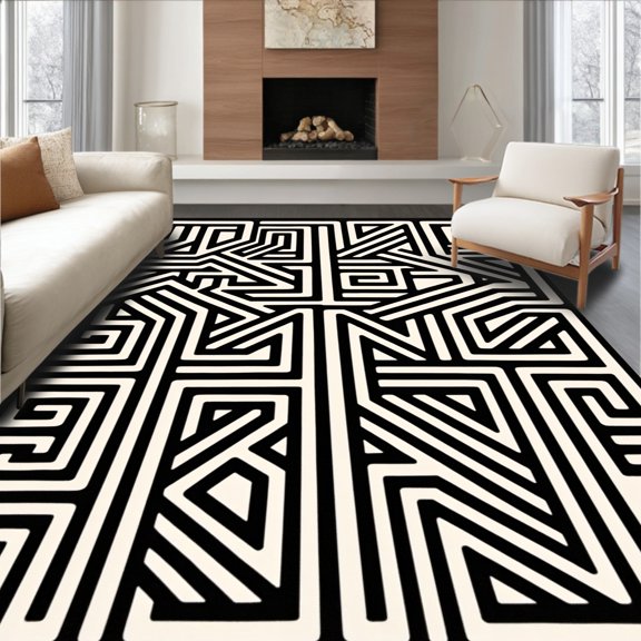 ODIKA 4' x 6' Machine Washable Non-Slip Area Rug, Geometric Greek-Key High Traffic Rug, Black, 365951