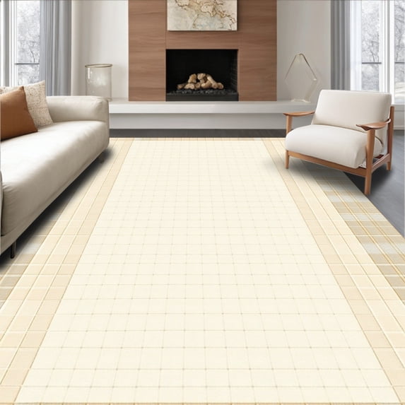 ODIKA 4'x6' Machine Washable Non-Slip Area Rug, Nepenthe Beige Subtle Checks Patterned High Traffic Rug, Beige, 51353