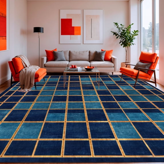 ODIKA 4'x6' Machine Washable Non-Slip Area Rug, Vibrant Navy and Gold Geometric with Interlocking Design High Traffic Rug, Blue, 116892