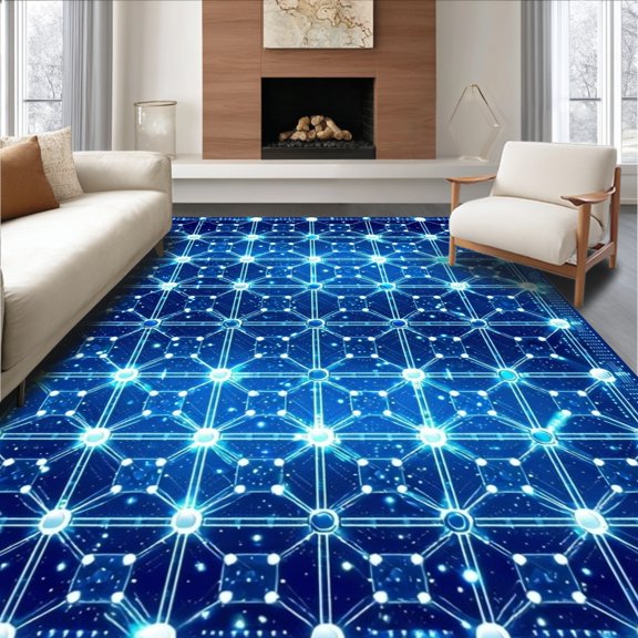 ODIKA 4'x6' Machine Washable Non-Slip Area Rug, Molecular Chain Linked Hexagon Scientific Design High Traffic Rug, Blue, 185979