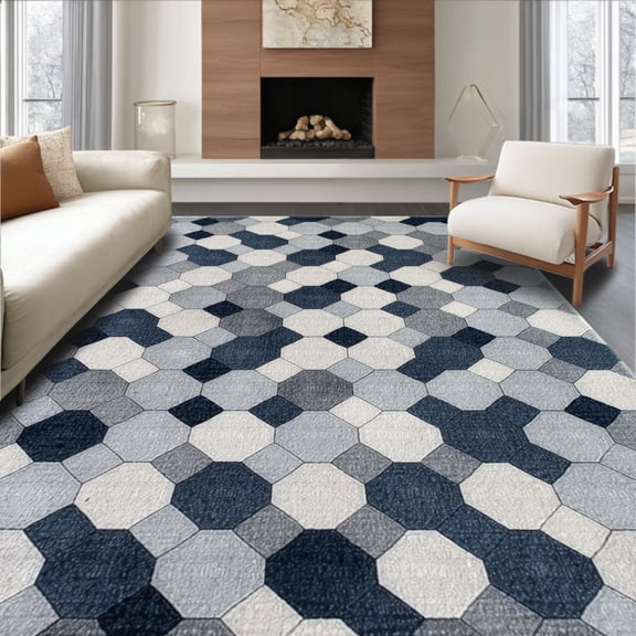 ODIKA 4'x6' Machine Washable Non-Slip Area Rug, Scatter with Modern Hexagon Litter Trap for Cats High Traffic Rug, Gray, 104326