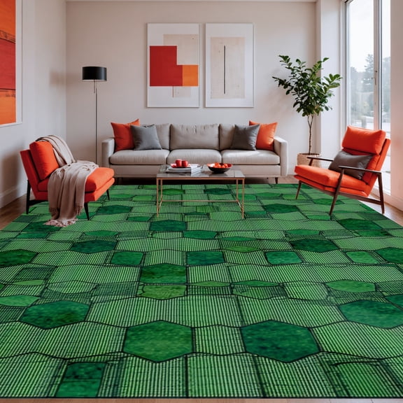 ODIKA 4'x6' Machine Washable Non-Slip Area Rug, Minimalist Oval with Subtle Interlocking Hexagonal Mesh High Traffic Rug, Green, 252540