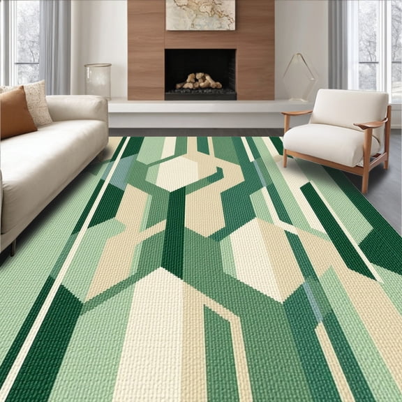 ODIKA 4'x6' Machine Washable Non-Slip Area Rug, Elegant Interlocking with Subtle Contrasting Stripes High Traffic Rug, Green, 252572