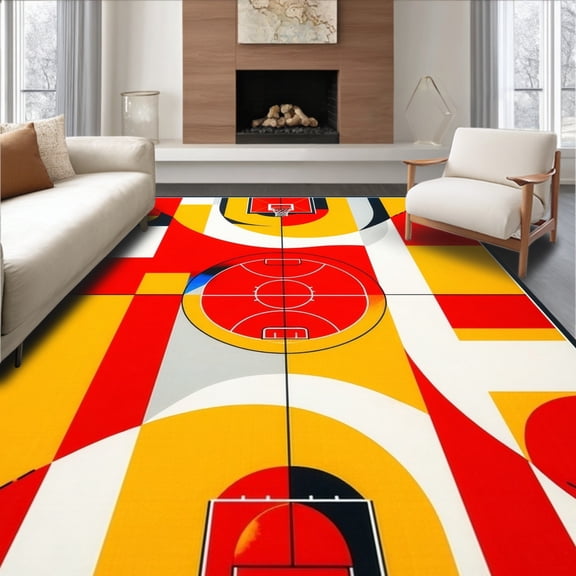 ODIKA 4'x6' Machine Washable Non-Slip Area Rug, Urban Street Basketball with Playful Court and Color Blocks High Traffic Rug, Red, 65398